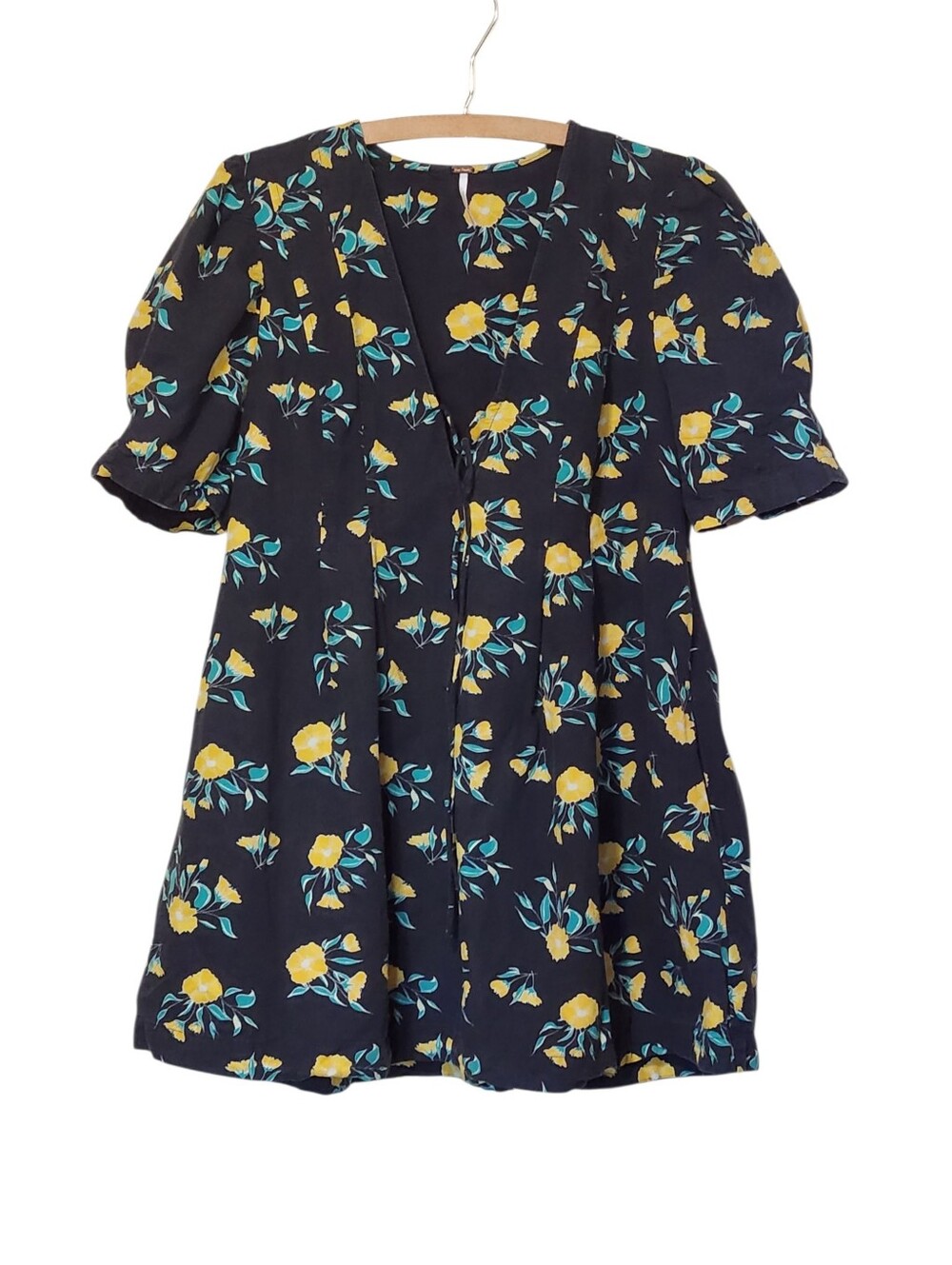 Free People Dress Black Adelle Floral Print Mini Tunic Short Puff Sleeve Large